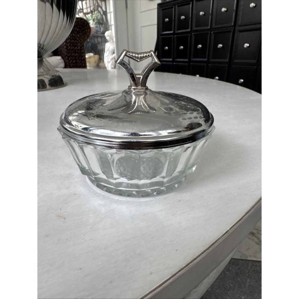 Vintage Glass Trinket Dish With Silver Tone Polished Metal Lid